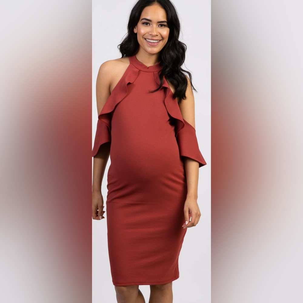 PinkBlush Rust Mock Neck Ruffle Trim Fitted Maternity Dress